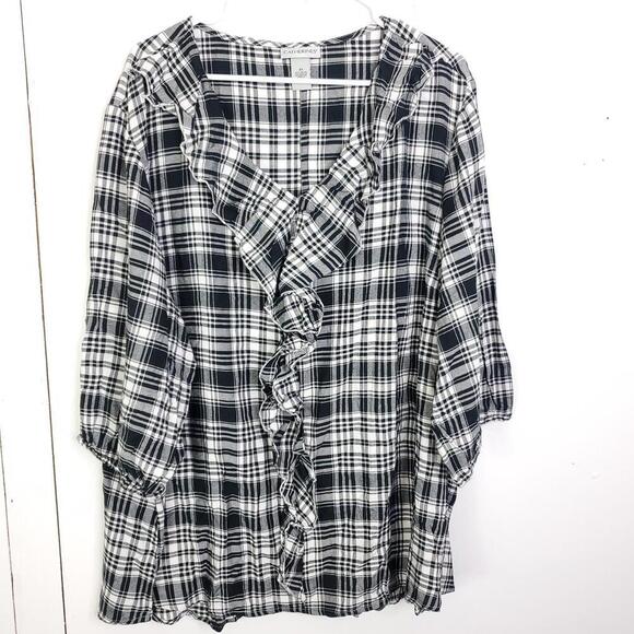 Catherines Top Womens 3X Ruffle Front V Neck Pullover Gingham Plaid Neutral - Picture 1 of 9